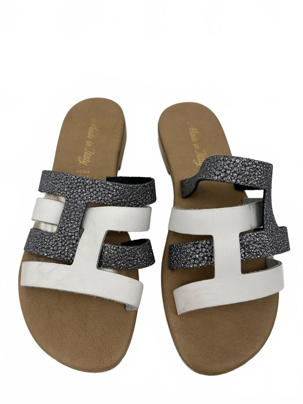 Vera Pelle White Silver Glitter Slide Sandals | EU 37 (Adult) | Italy Made